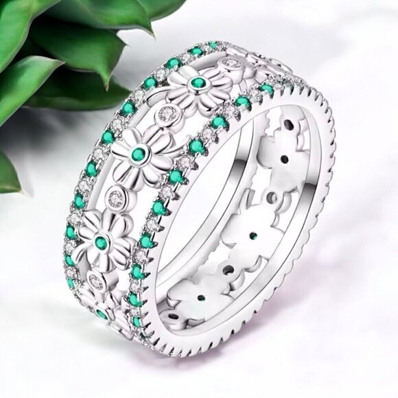 NWT Four Leaf Clover Band Ring S925 Sterling Silver Green Clear Zircon Sz. 7 - Picture 7 of 10